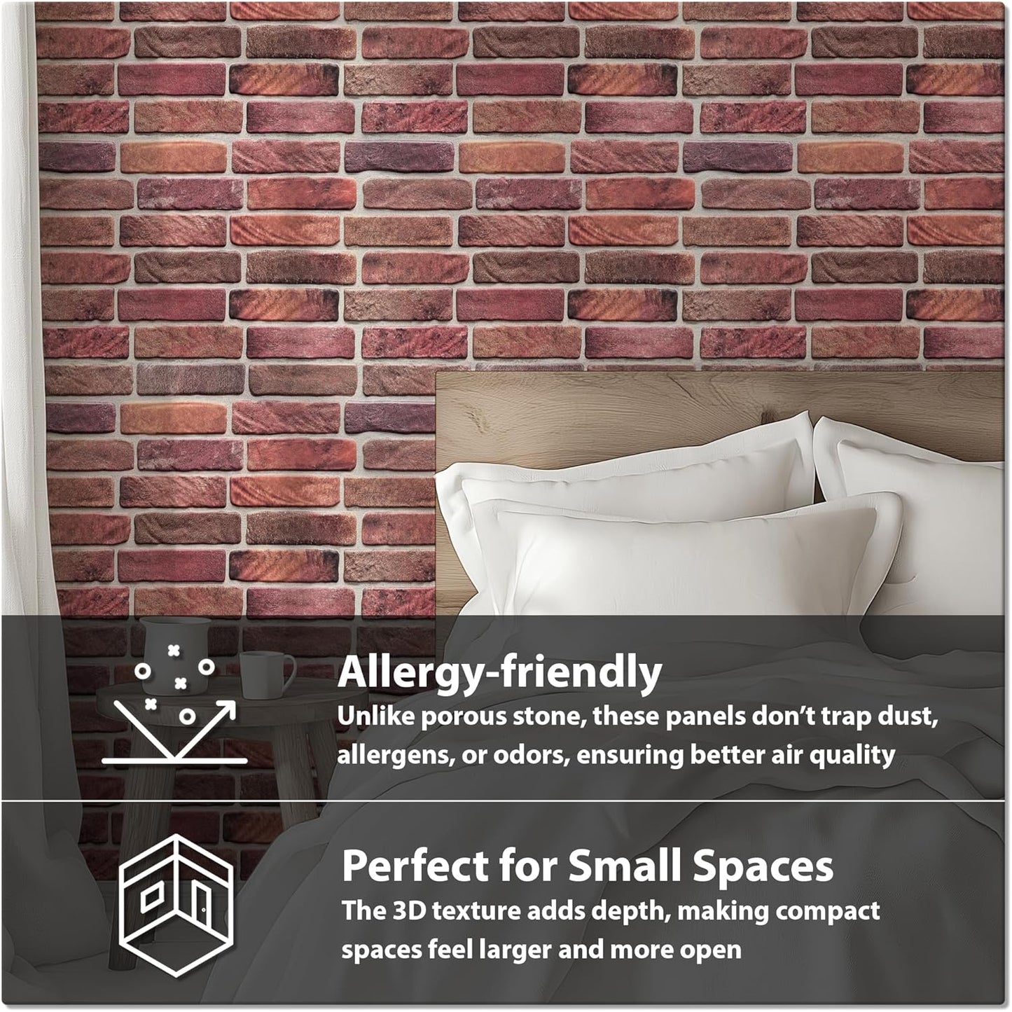 CONCORD WALLCOVERINGS ™ 3D Red Faux Brick Wall Panels - Pack of 10, Lightweight 17.5" x 24" (44.5 cm x 61 cm) PVC Sheets, Decorative Stone Tiles for Living Room, Kitchen - Covers 28.86 Sq Ft (572OR)