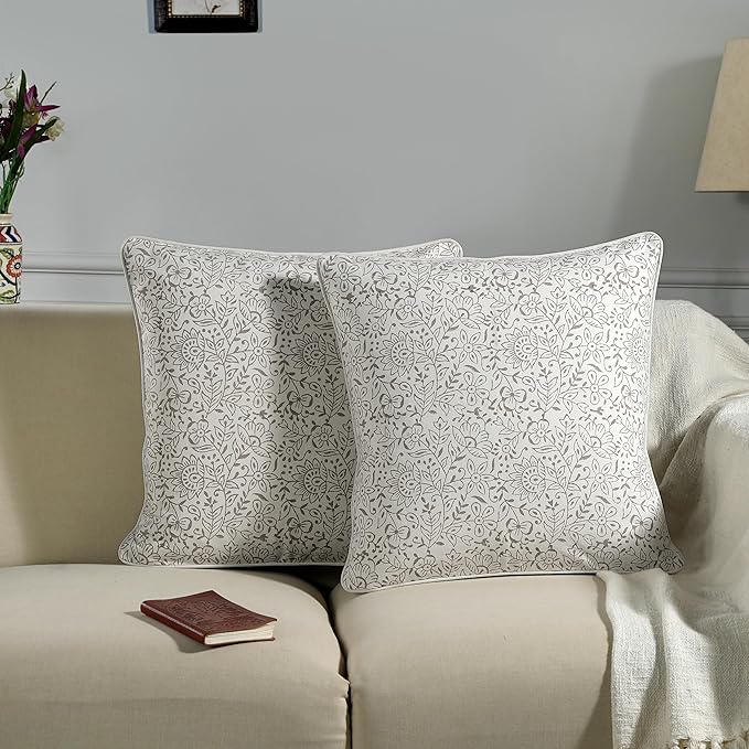 Ridhi Block Print Taupe Pillow Cover 20" x 20" (Pack of 2) Decorative Couch Pillows for Living Room, Chic Boho Cute Outdoor Pillows Covers Gifts for Spring, Easter and Valentine