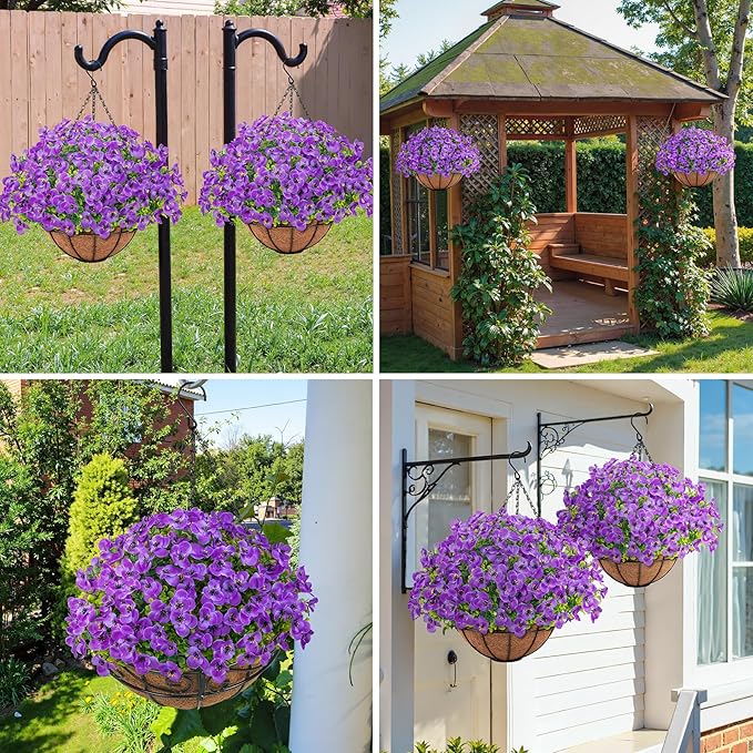 Artificial Hanging Flowers with Baskets for Outdoors, Fake Silk Pansy Flowers UV Resistant Faux Hanging Plants for Front Porch Patio Yard Home Spring Summer Decoration, Purple