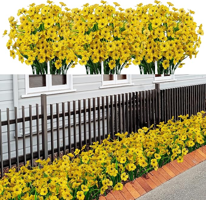 LikSoor 21 Bundles Artificial Outdoor UV Resistant Flowers No Fade Fake Outside Flowers Plastic Greenery Faux Shrubs Garden Porch Window Box Home Decoration (Yellow)