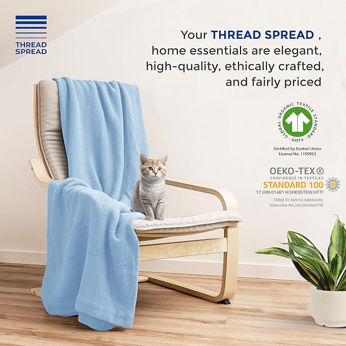THREAD SPREAD 100% Pure Cotton, Luxury Twin/Twin XL Size Light Blue Blanket - Herringbone Pattern, Soft & Cozy Premium Fall Throw Blanket for All Seasons, 350 GSM & 68 x 92 with Free Tote Bag
