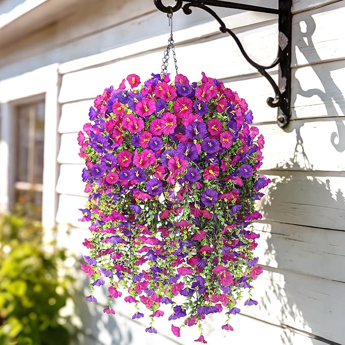 Artificial Hanging Flowers with Basket, 480 Blooms UV Resistant Faux Morning Glory Silk Plants, Fast & Easy Assembly Fake Hanging Baskets for Outdoor Porch Patio Garden Decor, Fuchsia&LightPurple