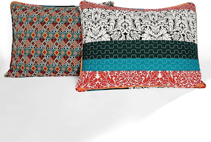 Lush Decor Boho Stripe Reversible Cotton Quilt 3-Piece Set, King, Turquoise & Tangerine - Bold Colorful Bohemian Bedding Set