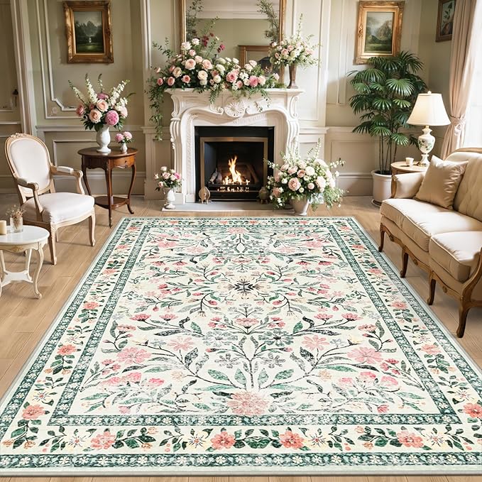 6x9 Area Rugs for Living Room: Floral Washable Rug Vintage Large Soft Boho Non-Slip Carpet Indoor Stain Resistant Thin Carpets for Bedroom Dining Room Farmhouse Nursery Hallway Home Office Green Beige