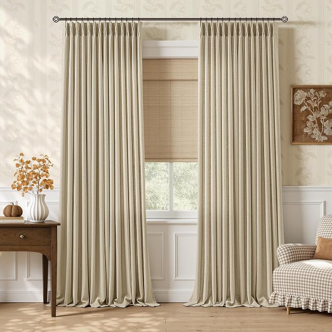 Pleated Thick Linen Oatmeal Curtains 92 Inch Length for Living Room Memory Training Light Filtering Privacy Textured Pinch Pleat Curtains with Ring Hooks Warm Beige Sand Farmhouse Bedroom Drapes