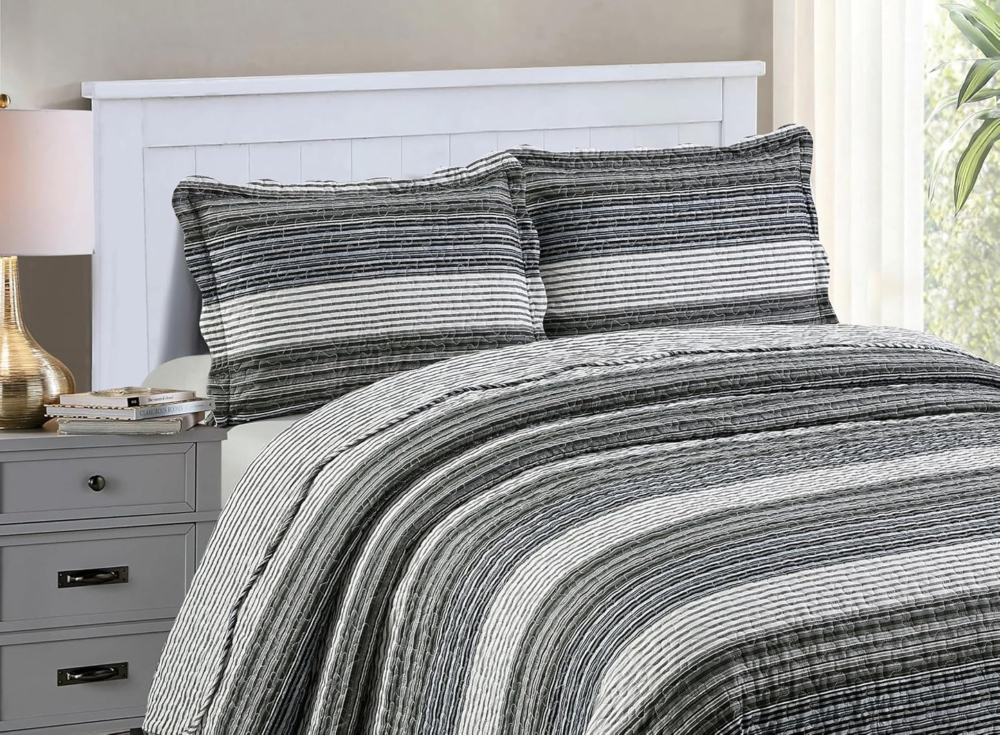 Brilliant Sunshine Multi Grey Stripes Patchwork, 3-Piece Quilt Set with 2 Shams, Reversible Bedspread, Soft Lightweight Coverlet, All-Season, Full/Queen, Multi Grey