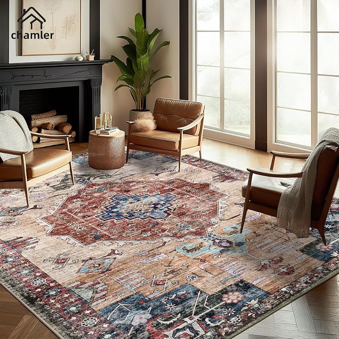 chamler 10'x14' Washable Area Rug Boho Chic Medallion Distressed Design Non-Shedding Easy Care Ideal for High Traffic Areas in Rugs for Living Room Bedroom Office Coffee Table Large Carpet
