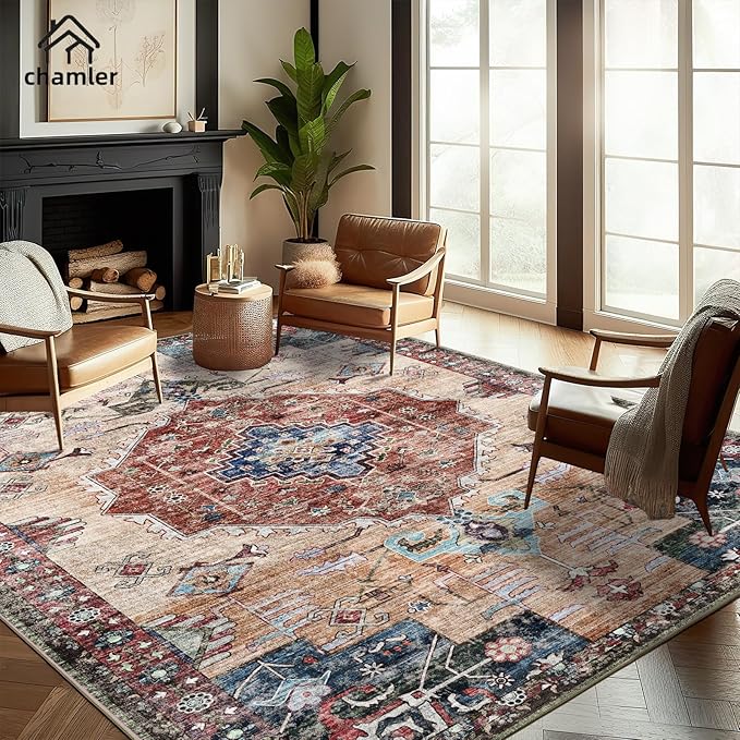 chamler Area Rug 8x10 Washable Vintage Rug Traditional Mat Distressed Indoor Foldable Thin Retro Accent Floral Large Rugs Non Slip Carpet for Living Room Dining Room Office