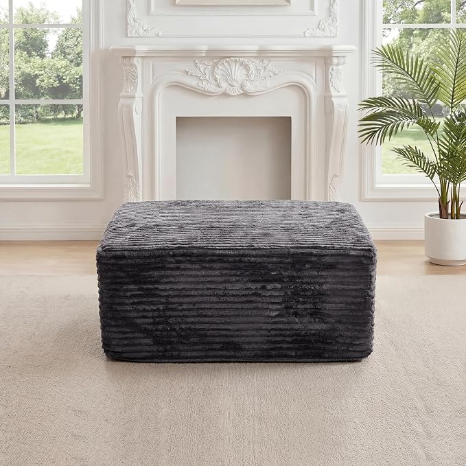27.56'' Plush Fluffy Corduroy Poofy Ottoman in a Box for Boneless Sofa Couch, Modern Compressed Foot Rest, Small Comfy Rectangle Boneless Pouf Footstool Ottoman for Living Room, Bedroom, Grey