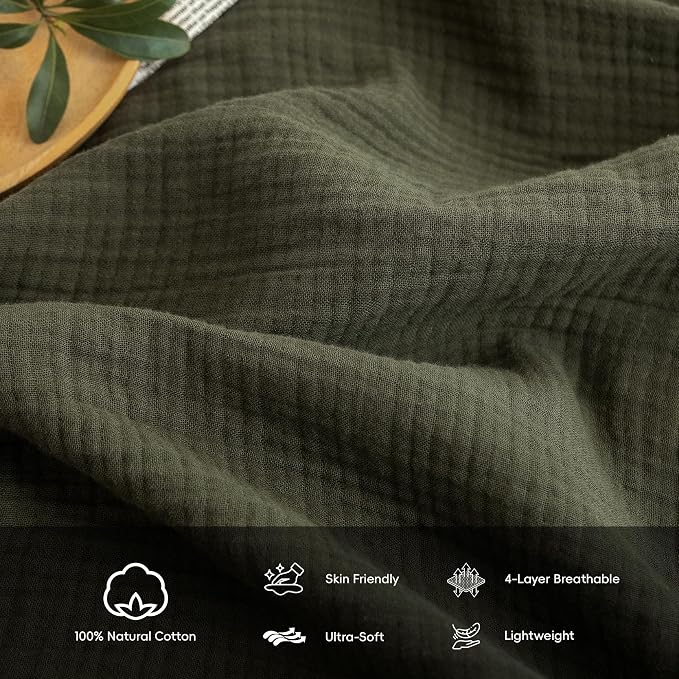 FOSSA Muslin Blanket 4-Layer 100% Cotton Gauze Blanket with Fringe 104"x90" | Super Soft Breathable Lightweight All Season & Decorative Blanket or Bed, Sofa, Office (Olive Green, King)