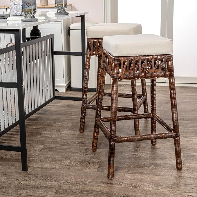 JONATHAN Y Bali 29.5" Woven Rattan Backless Bar Stool with Cushion, Bohemian Dark Brown Stool with Footrest for Kitchen Island, Home Bar, and Dining Room BSL1100A
