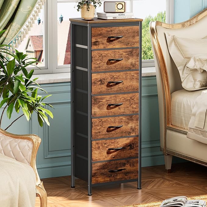 Huuger Tall Dresser for Bedroom, 7 Drawer Dresser & Chests of Drawers, Fabric Drawer for Closet, Bedroom, Night Stand, Metal Frame, Storage Tower with Fabric Bins, Rustic Brown