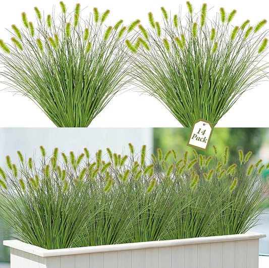 14PCS Artificial Dog Tail Grass Plant UV Resistant Outdoors Faux Plants Ornamental Wheat Grass Cattails Artificial Flowers Home Decor for Outdoor Garden (14, Dark Green with Dog Tail)
