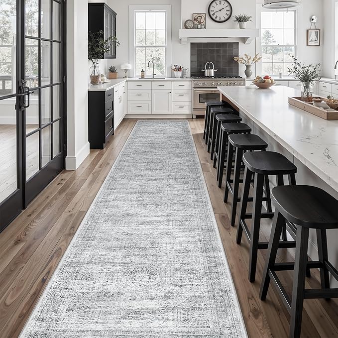 Soalmost Runner Rug 2'6" x 16' Washable Non-Slip 2.5x16 ft Long Runner Rugs for Kitchen Bathroom Laundry Room Vintage Ultra Thin Runners for Hallway Entryway Grey