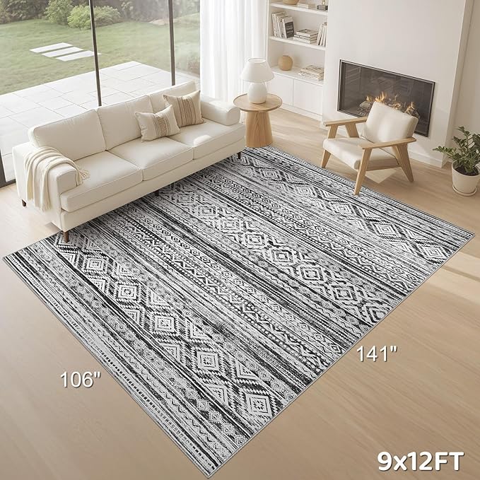 cotiled 9x12 Area Rug Living Room: Washable Boho Rugs with Non Slip Backing Large Soft Indoor Stain Resistant Carpet for Bedroom Farmhouse Dining Room Lightweight Home Decor White/Black