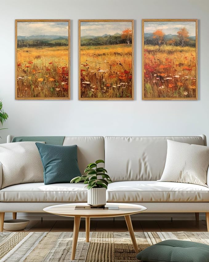 UPWOIGH Autumn Meadow Framed Wall Art, 16 x 24 Inch, Set of 3 | Golden Wildflower Meadow Prints, Warm Autumn Landscape Design, Light Wood Frames for Living Room, Dining Room and Office
