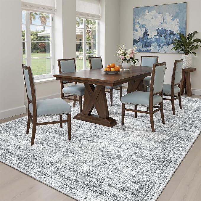 Soalmost 7x9 Area Rug for Living Room Washable Abstract Vintage Soft Thin Indoor Floor Non-Slip Carpet for Bedroom Dining Room Grey