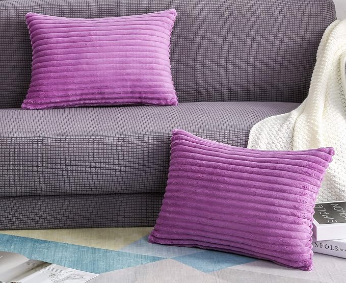 TangDepot Velvet Big Corduroy Pillow Covers 12x18 Light Purple 2-Pack | Soft wide-stripe corduroy pillow cover, hidden zipper, machine washable, easy refresh, for bedroom living room indoor outdoor