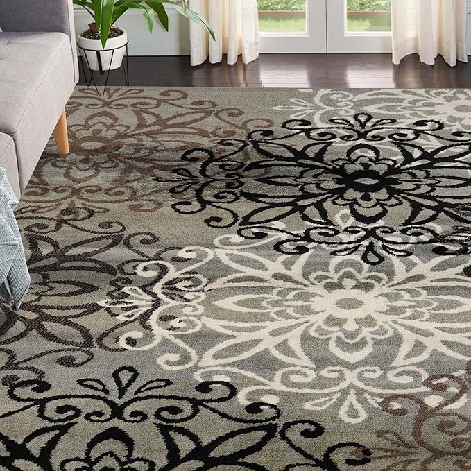 Superior Indoor Area Rug, Jute Backed, Perfect for Entryway, Office, Living/Dining Room, Bedroom, Kitchen, Hardwood Floor, Floral Scroll Decor, Leigh Collection, 5' x 8', Blue