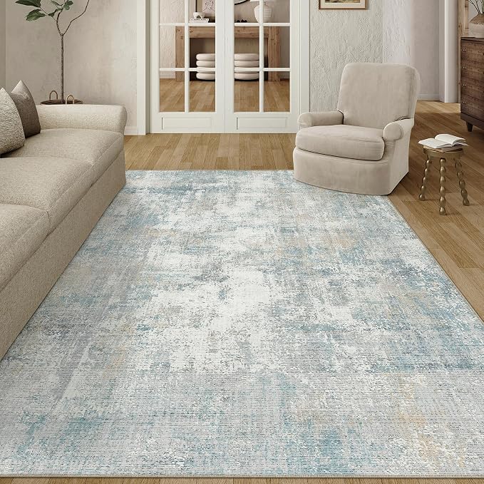 5x7 Washable Area Rug Blue Cream Abstract Non Slip Soft Low Pile Rug for Living Room Bedroom Dining Room Office Neutral Modern Indoor Throw Carpet for Home Decor