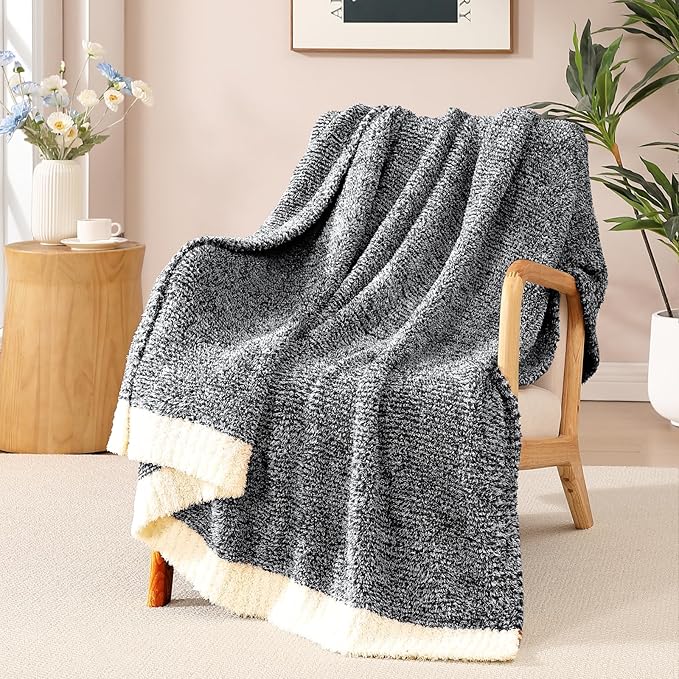 WRENSONGE Soft Throw Blanket for Couch-Cozy Reversible Knitted Blankets | Lightweight Warm Fluffy Decor for Women, Mom, Her & Girls, Sofa, Chair, Bed, 50x60in, Cationic Dyeing Black