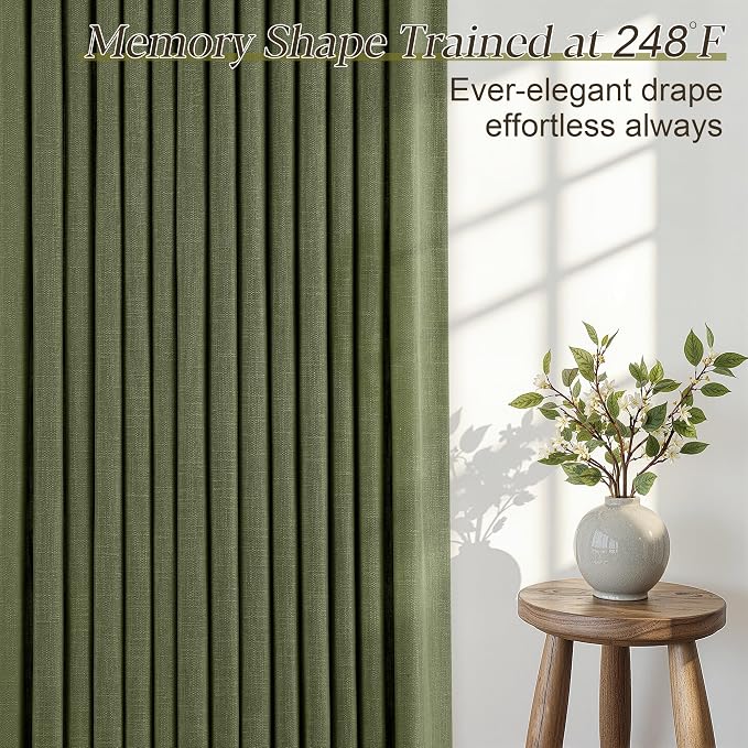Olive Green Pleated Linen Curtains 102 Inches Long for Living Dining Room Bedroom Light Filtering Boho Window Drapes 2 Panels with Hooks Rings Clips Sliding Glass Door Semi Sheer Curtain Pinch Pleat