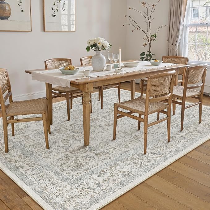 PureCozy Taupe Area Rug 7x10 Machine Washable Vintage Living Room Distressed Non Slip Carpet Traditional Indoor Bedroom Retro Floral Accent Throw Large Rug for Office Kitchen Dining Room