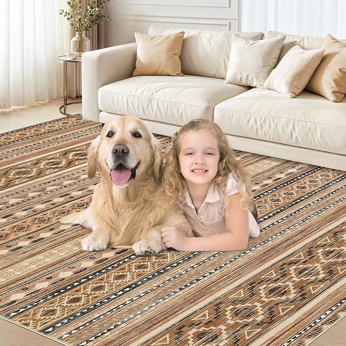 cotiled 7x9 Area Rug Living Room: Washable Boho Rugs with Non Slip Backing Large Soft Indoor Stain Resistant Carpet for Bedroom Farmhouse Dining Room Lightweight Home Decor Brown/Beige