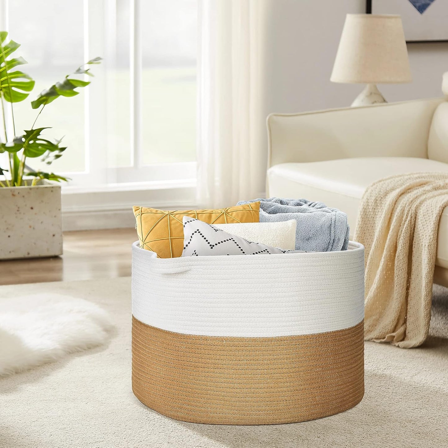 Ravinte Blanket Basket - 20"x 20"x 13" Cotton Rope Basket for Living Room, Baby Toy Storage Basket, Large Woven Laundry Basket (White -Brown)