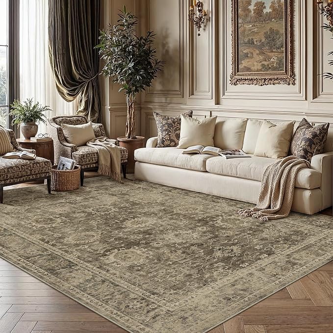 9x12 Brown Vintage Area Rug for Living Room Bedroom Large Distressed Rustic Carpet Non-Slip Low Pile Soft Washable Throw Rug for Indoor Dining Room