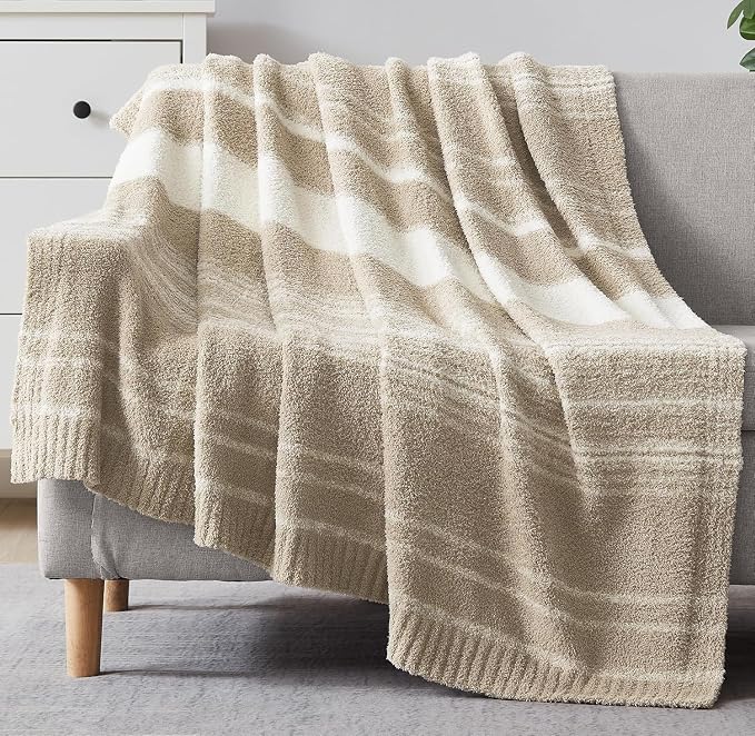 WRENSONGE Soft Throw Blanket for Couch-Cozy Reversible Knitted Blankets | Lightweight Warm Fluffy Decor for Women, Mom, Her & Girls, Sofa, Chair, Bed, 50x70in,Khaki Stripe
