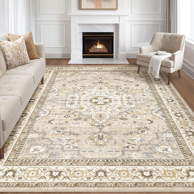 10x12 Area Rug Living Room: Washable Boho Large Neutral Vintage Soft Rug Stain Resistant Farmhouse Non-Slip Indoor Floor Carpet for Bedroom Nursery Kids Playroom Office Dining Room- Beige Grey