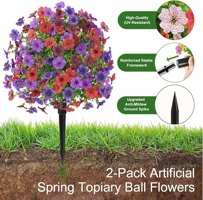 Alupssuc 4Pcs 20" Artificial Topiary Ball Flowers, Spring Outdoor Decoration with Spike, UV Resistant Faux Summer Plants, Fake Bushes Plants, Mix 4 Colors for Garden, Porch & Patio Decor