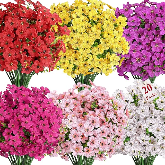 Alupssuc 20 Bundles Artificial Flowers for Outdoor Indoor Decoration, UV Resistant No Fade Fake Plants Eucalyptus, Colorful Faux Spring Flowers for Outside Yard Porch Patio Garden Home Window Box