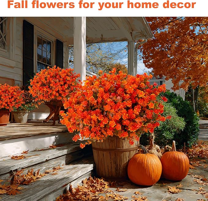 AXYLEX Artificial Fall Flowers Outdoor Fake Mums - 12 Bundles Fake Plants UV Resistant No Fade Faux Plastic Greenery Garden Porch Patio Fall Home Decor(OrangeGreen)