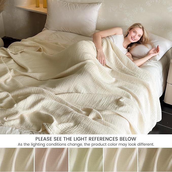 FALUCA Cotton Muslin Cooling Reversible Blanket King Size for Bed, Couch, Four Layers Blanket, Soft Lightweight Cozy Breathable Farmhouse Decoration for Summer, Beige
