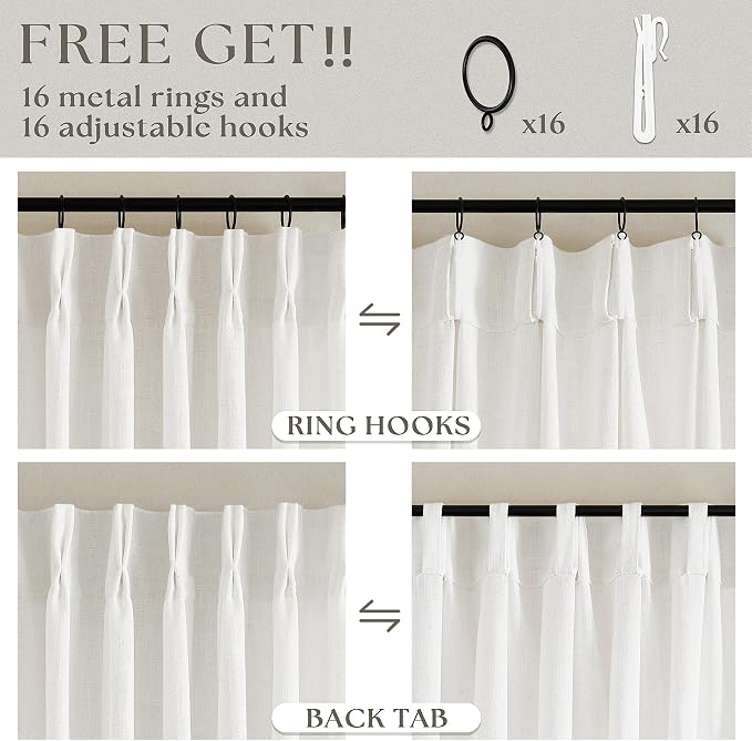 Off White Linen Curtains 102 Inches Long 2 Panels for Living Room Modern Thick Linen Flax Pinch Pleated Memory Trained Light Filtering Ceiling Semi Sheer Curtain with Hook Rings Ivory Beige White