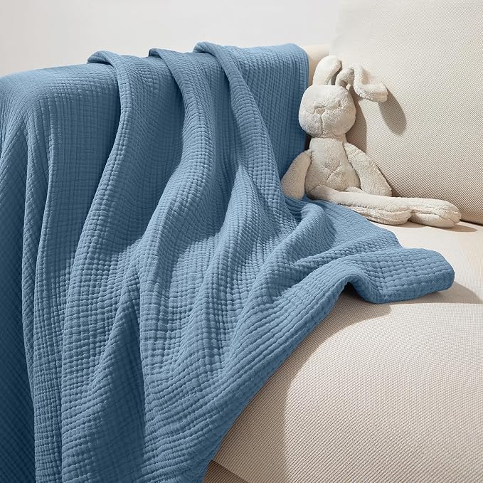 PHF 100% Cotton Muslin Throw XL Blanket Large 50" x 70", 4-Layer Lightweight Gauze Throw, Breathable Cloud-Soft Minimalist Blanket for Bed, Couch, Camping & Baby, Denim Blue, Ideal Gift
