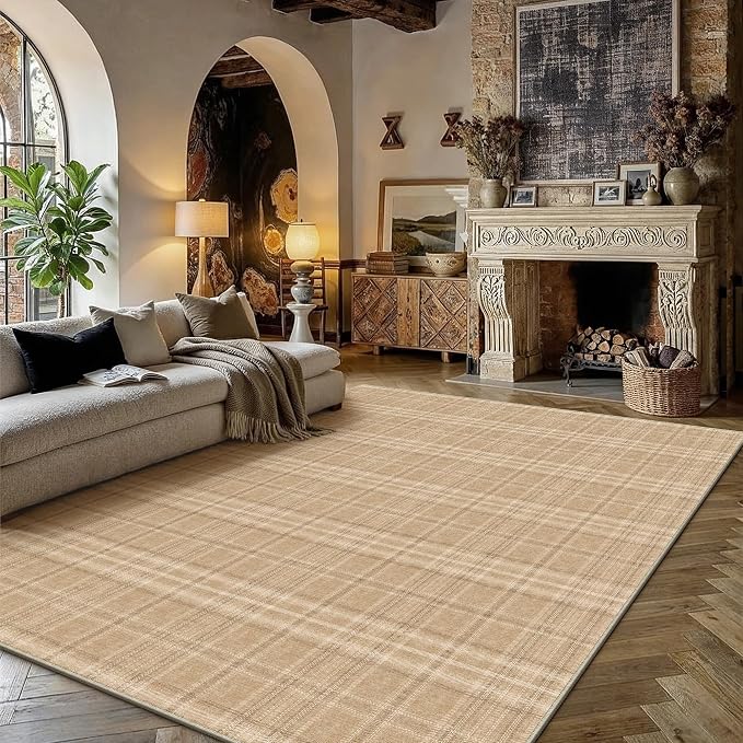 8x10 Brown Area Rug for Living Room Bedroom Machine Washable Low Pile Checkered Carpet Modern Accent Soft Non Slip Rug for Dining Room Nursery Office Indoor