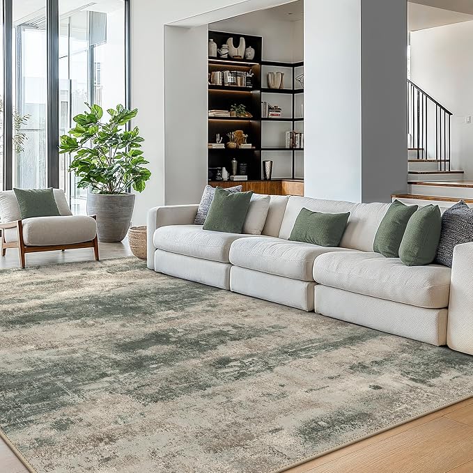 BEIMO Area Rugs 8x10 for Living Room Bedroom, Modern Abstract Machine Washable Rug, Large Soft Low Pile Floor Cover with Non Slip Backing for Dining Room, Grey/Dark Green