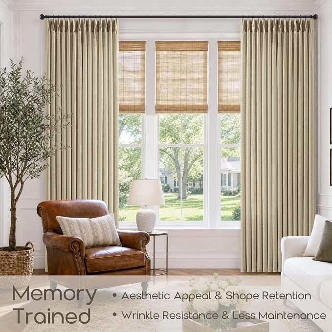Pinch Pleated Linen Curtains 86 Inches Long 2 Panels Set Oatmeal Sand Boho Semi Sheer Privacy Window Curtains for Track System 86 Inch Length Back Tab Burlap Drapes for Living Room Bedroom Office