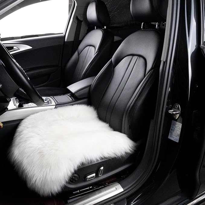 Sheepskin Chair Cushion Non-Slip Back Square Genuine Fur Chair Cover Silky Natural Wool Seat Cushion Pad Soft Area Rugs Carpet for Home Office Restaurant Chair 18x18 Inch (Pack of 2), Pearly White