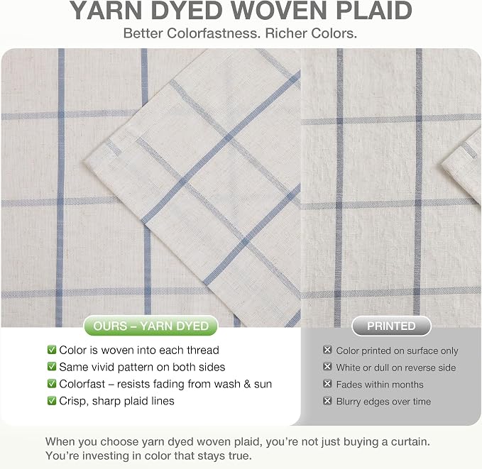 Vision Home Blue Plaid Linen Pinch Pleated Semi Sheer Curtains Checkered Light Filtering Window Panels 108 inches Long for Living Room Bedroom Rustic Pleat Drapes with Back Tab Hooks 40" Wx108 Lx2