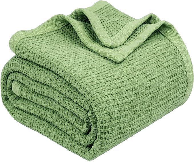 TreeWool Premium 100% Cotton Waffle Summer King Blanket (90"x108", Sage) | 420 GSM Breathable Lightweight Moisture Wicking Soft Knit Thermal Blanket for Bed or Sofa All-season Comfort Machine Washable