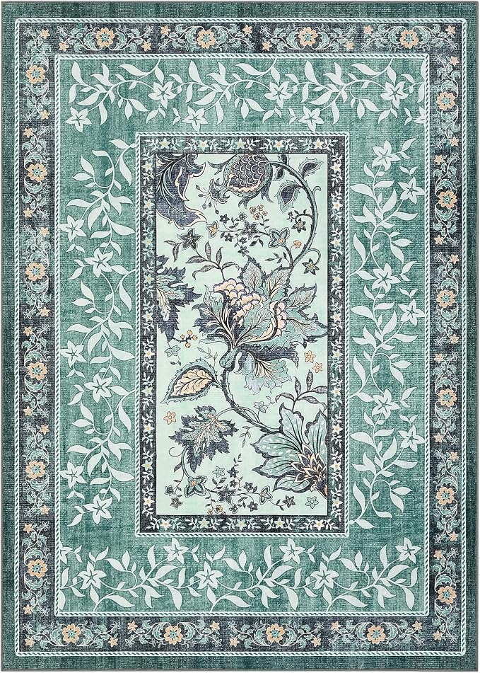GarveeHome Teal Area Rugs 9x12 Living Room, Botanical Grove Cottage core Washable Non-Slip Rug for Bedroom Dining Nursery Low-Pile Vintage Large Soft Carpet