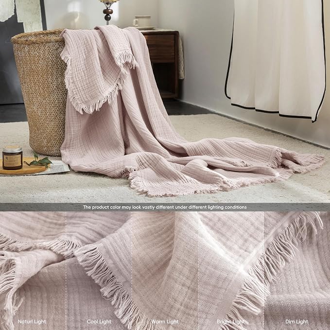 FOSSA Muslin Blanket 4-Layer 100% Cotton Gauze Blanket with Fringe 104"x90" | Super Soft Breathable Lightweight All Season & Decorative Blanket or Bed, Sofa, Office (Greyish Pink, King )