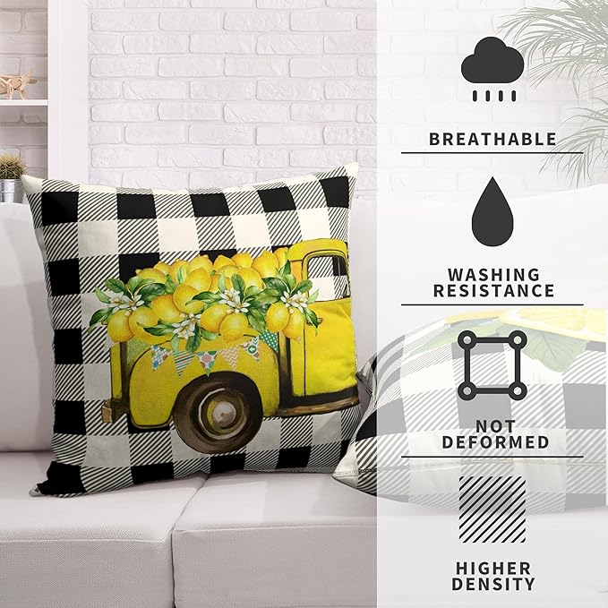 Lemon Pillow Covers Yellow Truck with Lemon Blossom Throw Pillow Covers Black Buffalo Plaid Cushion Case 16x16 Set of 2 for Living Room Farmhouse Patio Car