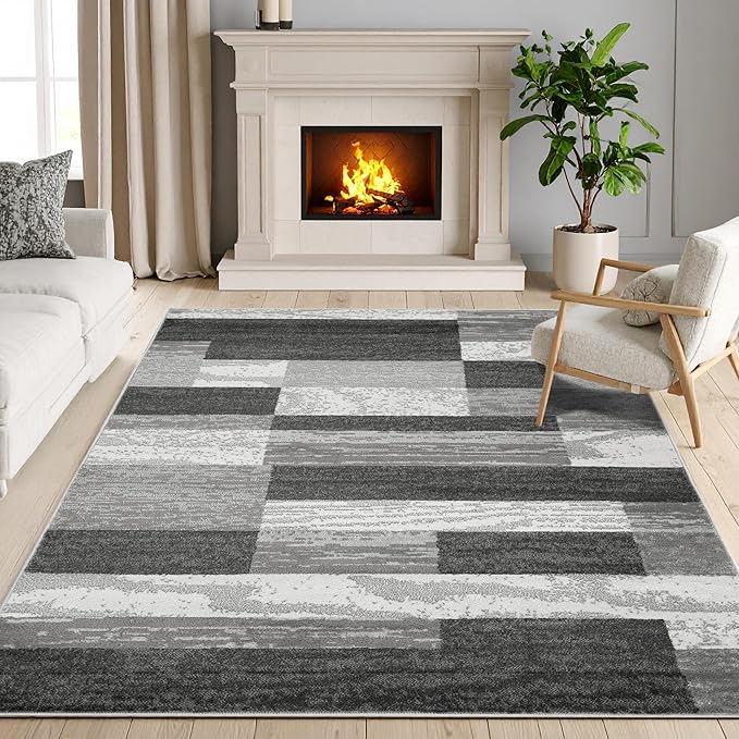 Superior Indoor Area Rug, Jute Backed, Modern Geometric Patchwork Floor Decor for Bedroom, Office, Living Room, Entryway, Hardwood Floors, Rockwood Collection, 7' x 9', Charcoal