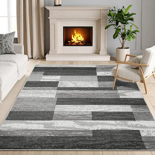 Superior Indoor Area Rug, Jute Backed, Modern Geometric Patchwork Floor Decor for Bedroom, Office, Living Room, Entryway, Hardwood Floors, Rockwood Collection, 7' x 9', Charcoal