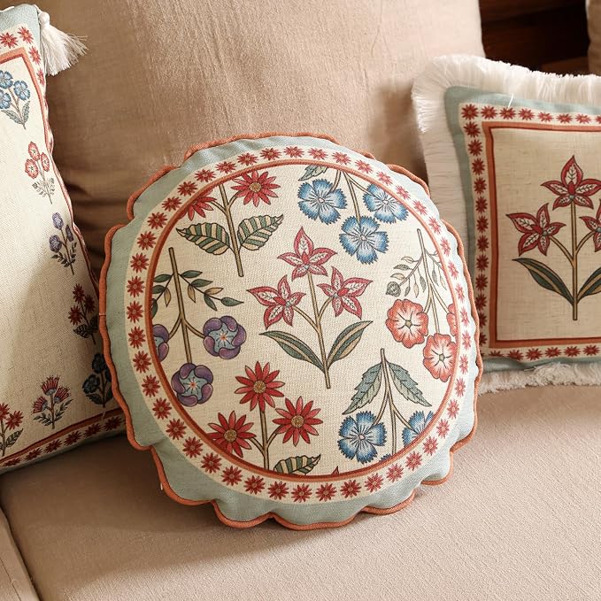 bilin gaier Round Linen Throw Pillow Cover,Set of 2,Diameter 16"-Lohi D | Designer Vintage Elegant Pillow Cover,Concealed Zipper,Colorful Floral Pattern,Sofa,Bedroom,Living Room,Lounge Chairs